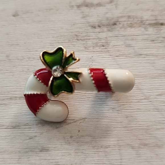 Red Green Gold Enamel and Rhinestone Christmas  Candy Cane - Picture 2 of 5